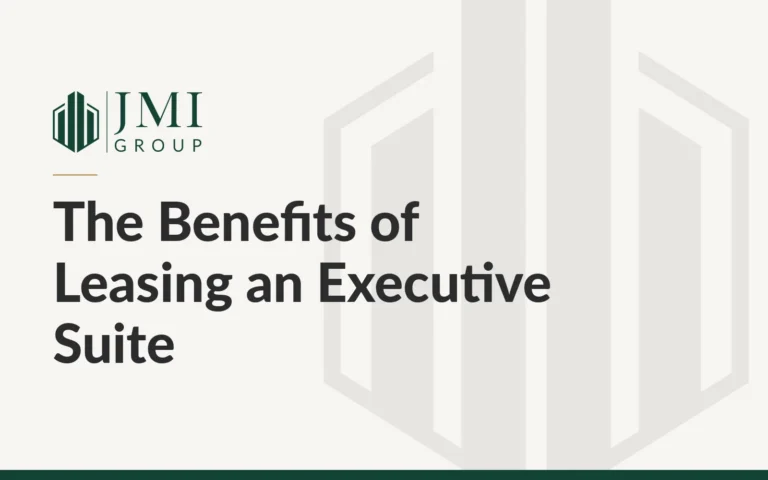 JMI Group article graphic titled The Benefits of Leasing an Executive Suite, on office suites at Mainstreet Plaza in downtown St. George