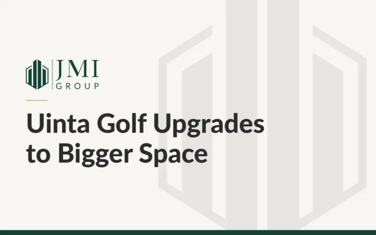 JMI Group article graphic titled Uinta Golf Upgrades to Bigger Space, on a tenant improvement at Pineview Plaza in St. George, Utah